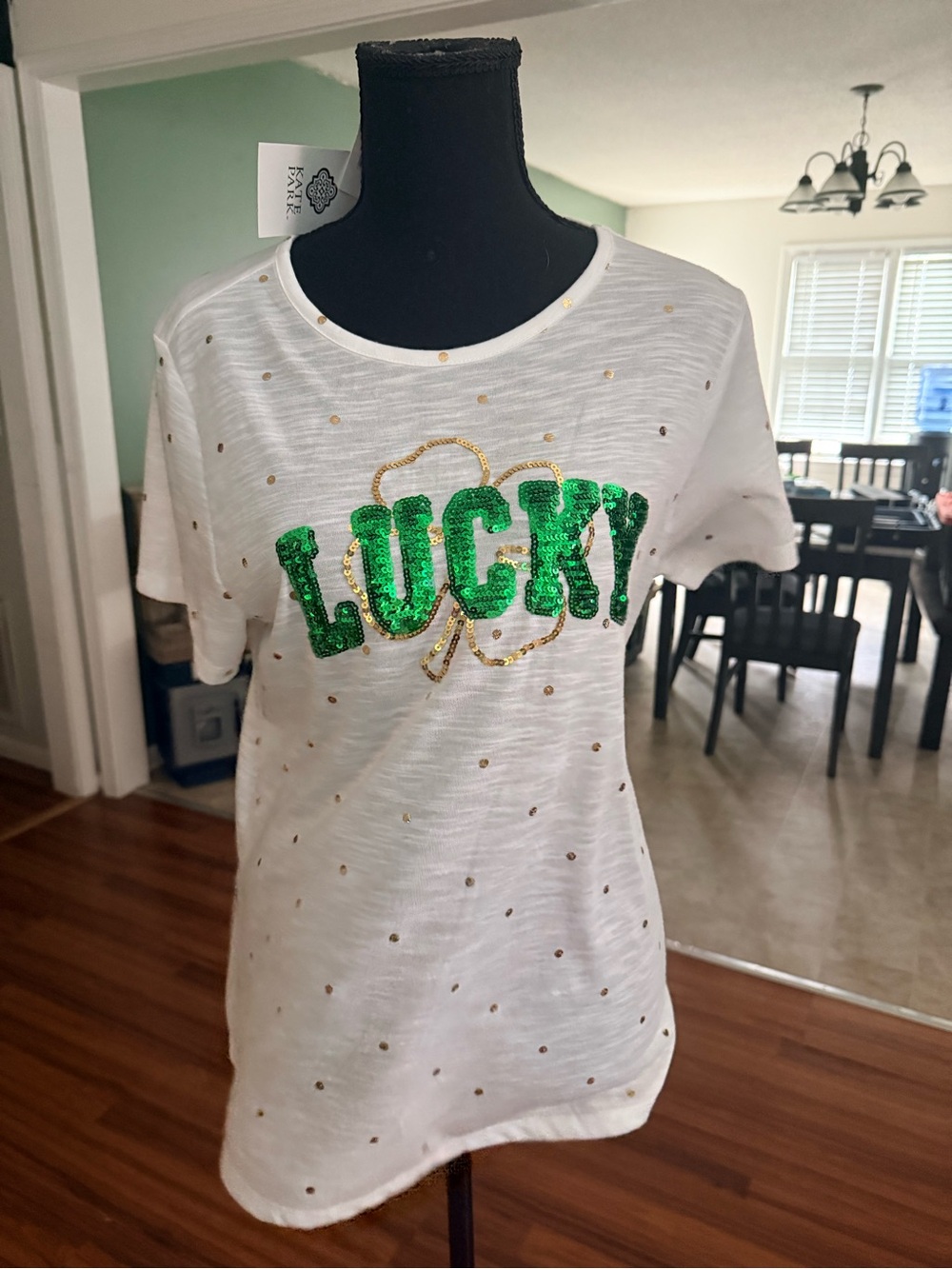 White 'Lucky' Sequin Short-Sleeve Tee with Green Accents